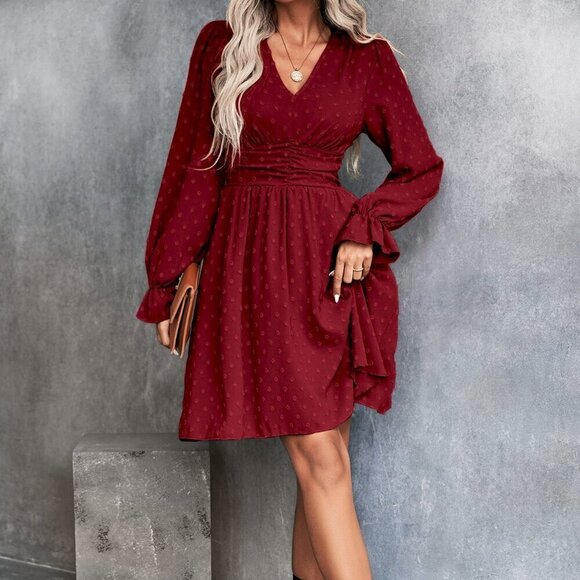 burgundy Boho Women's Swiss Dot Ruched Waist Flounce Sleeve Dress - Picture 6 of 6